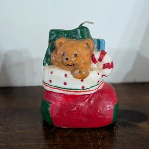 Vintage Christmas Teddy Bear in Stocking Decorative Candle Holiday Decor MCM